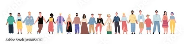 Fototapeta Vector cartoon flat happy smiling characters of different status and races holding hands-people equality,diversity and peace day,international friendship and solidarity social concept,web site design