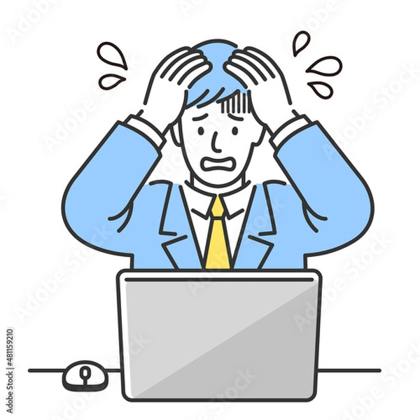 Obraz ノートパソコンの前に座って頭を抱えて焦っている若いビジネスマン。