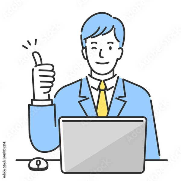 Obraz ノートパソコンの前に座ってグッドサインを出す笑顔の若いビジネスマン。