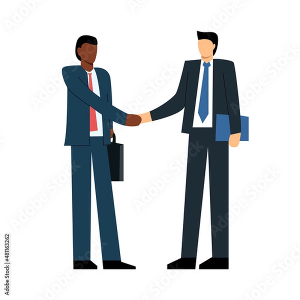 Fototapeta Business greeting partners, two businessmen greeting each other with a handshake, business meeting, company employee negotiations. Isolated on white background. Vector illustration