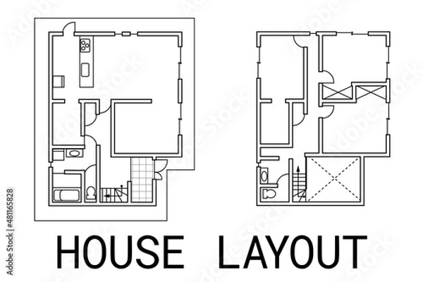 Obraz 架空の戸建住宅の間取り図 ベクターイラスト 壁部分白抜き