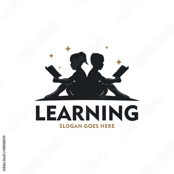 Fototapeta Two children reading books logo design vector