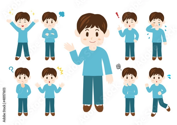 Fototapeta 若い男性のポーズと表情のイラスト: 全身セット