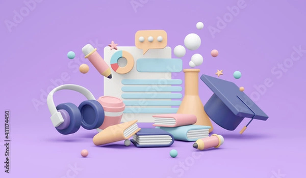 Fototapeta 3D Rendering of learning icons paperwork graduation hat headphone books pencil on background concept of study education. 3D render illustration cartoon style.