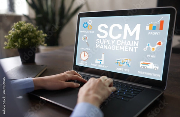 Fototapeta SCM - Supply Chain Management and business strategy concept on the screen.