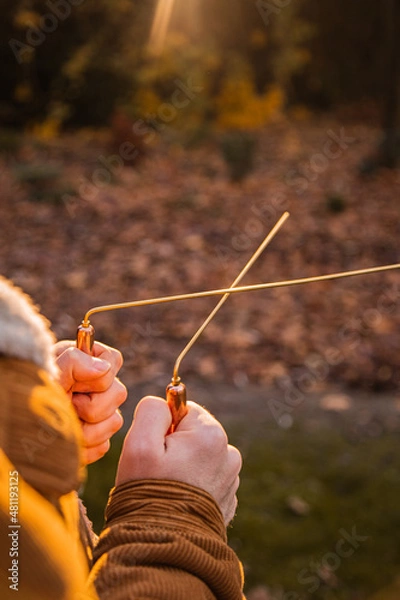 Obraz Man holding dowsing rod outside