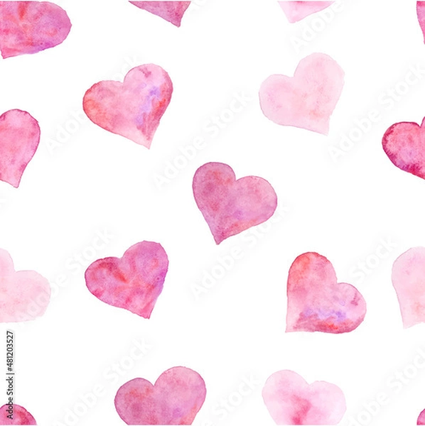 Fototapeta Watercolor painted hearts seamless pattern. Color background for valentines day. Vector