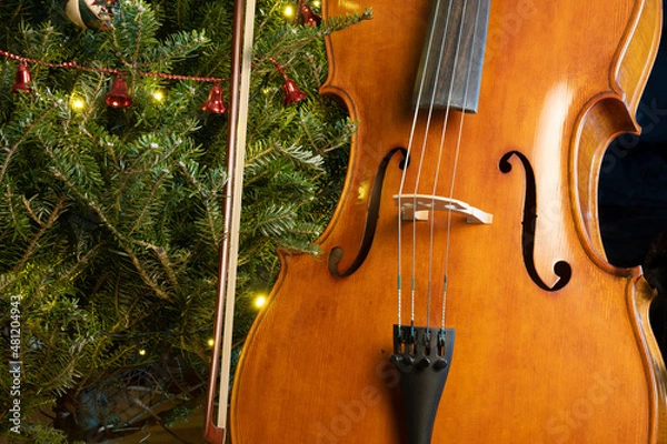 Fototapeta Cello with a bow on Christmas tree background.