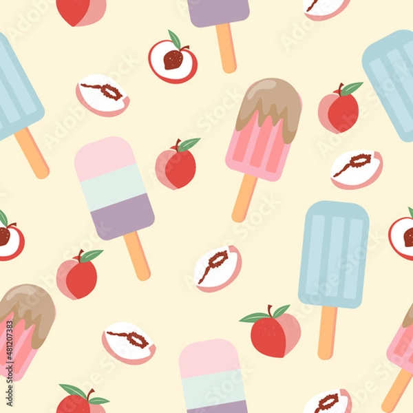 Fototapeta Fruit seamless pattern with ice cream and peach, cute seamless pattern vector illustration.