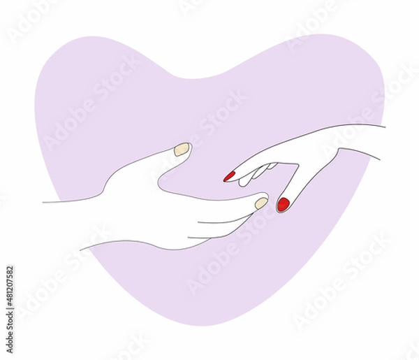 Obraz Woman's hand reaches for a man's hand, love. Relationship two man and woman. Two palms. Illustration isolated on a white background.