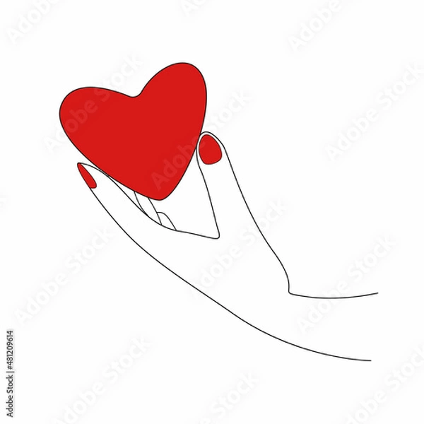 Obraz woman's hand holds the red heart. Outline colorful illustration