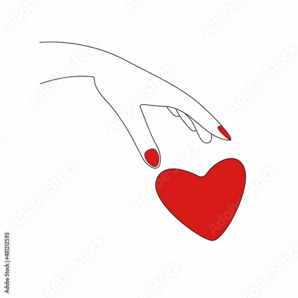Obraz Woman's hand is dropping heart. Vector outline illustration. Female palm throws heart