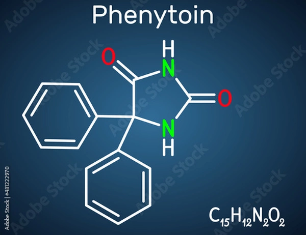 Fototapeta Phenytoin, PHT, diphenylhydantoin molecule. It is anticonvulsant, anti-epileptic, anti-seizure drug, hydantoin derivative. Structural chemical formula on the dark blue background.