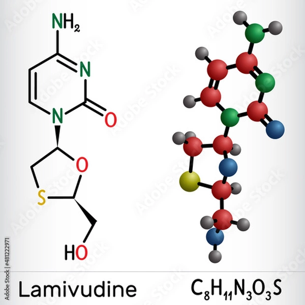 Fototapeta Lamivudine, 3TC drug molecule. It is used to treat Human Immunodeficiency Virus Type 1 (HIV-1) and hepatitis B virus (HBV). Structural chemical formula and molecule model.