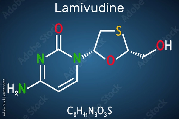 Fototapeta Lamivudine, 3TC drug molecule. It is used to treat Human Immunodeficiency Virus Type 1 (HIV-1) and hepatitis B virus (HBV). Structural chemical formula on the dark blue background