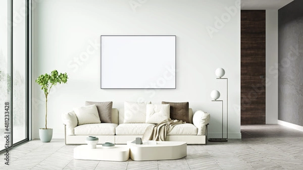 Fototapeta Mock up poster frame in modern interior background, living room, Scandinavian style, 3D rendering