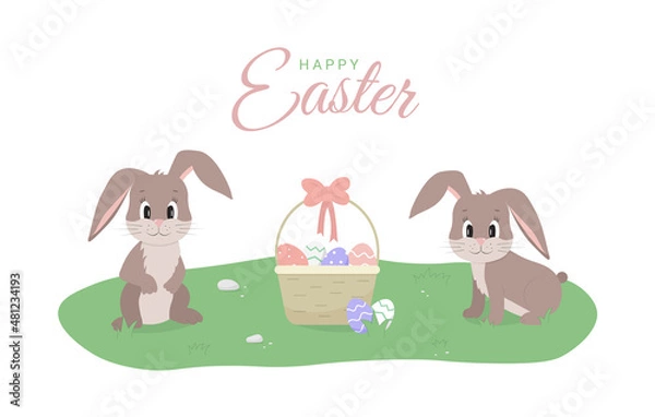 Fototapeta Happy Easter greeting card with two cute cartoon bunnies, eggs, basket and text. Concept vector illustration.