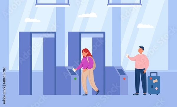 Fototapeta Passengers paying fare at automatic turnstile. People with tickets at entrance to train or metro station flat vector illustration. Public transport concept for banner, website design or landing page