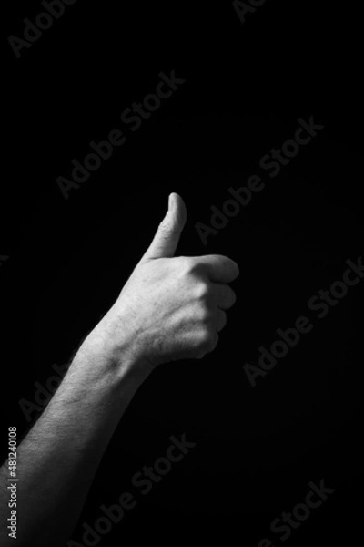 Fototapeta B+W image of hand demonstrating Chinese sign language letter A isolated against black background
