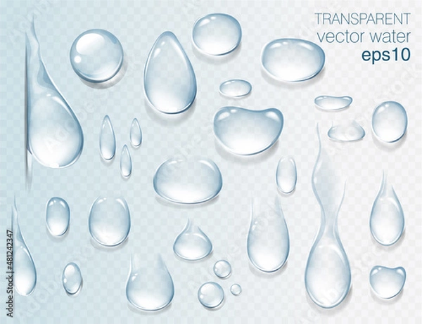 Fototapeta Realistic transparent water drops set. Rain drops on the glass. Isolated vector illustration
