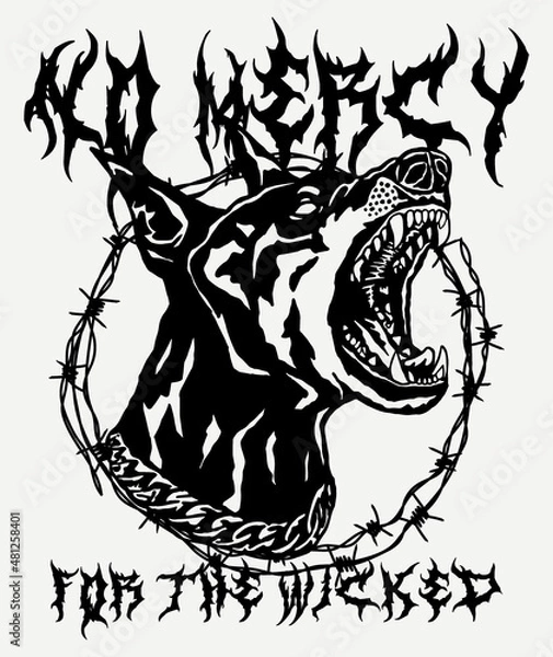 Fototapeta Black and White Angry Doberman Pinscher with Barbed Wire Illustration with A Slogan Artwork on White Background for Apparel or Other Uses