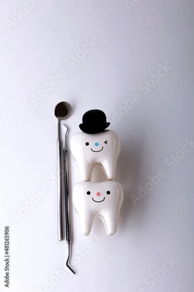Fototapeta Dental health concept. Dentist day concept. Flat lay, top view, copy space for text.