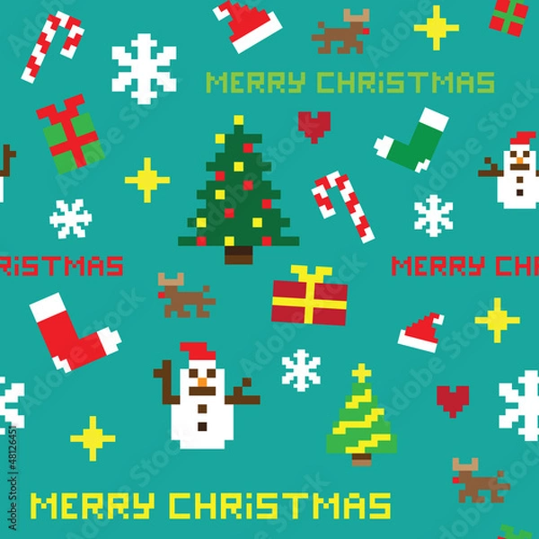 Fototapeta seamless retro pixel game Christmas vector pattern
