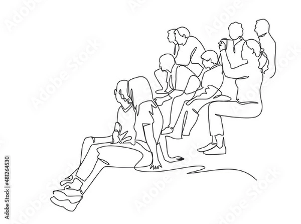 Fototapeta Continuous one line vector drawing group of people. Audience silhouette hand drawn characters. Crowd sitting in a street concert, meeting. Women and men in urban space