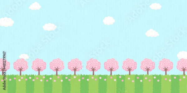 Obraz 桜の木が咲きほこる春の風景　背景素材　バナーサイズ　青空と草原に桜の木