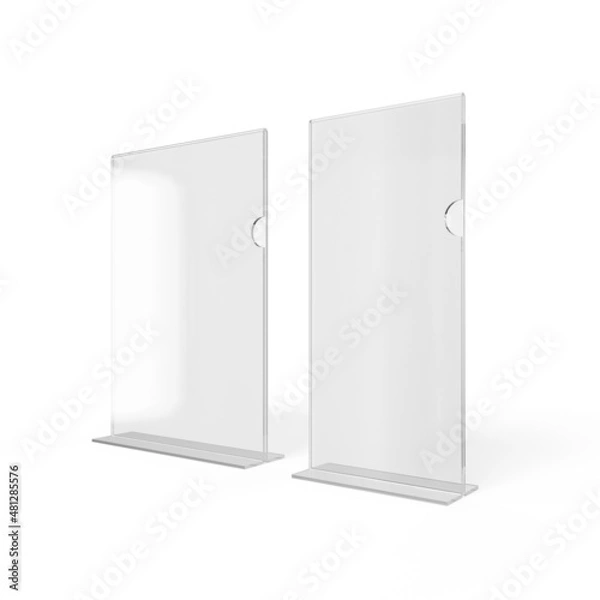 Fototapeta Blank Flyer Brochure Mockup A5 and DL Folder Holder isolated, 3d render. Plain Transparent plexiglass perspex table stand. Clear empty Acrylic Brochure Pocket mockup illustration design presentation.