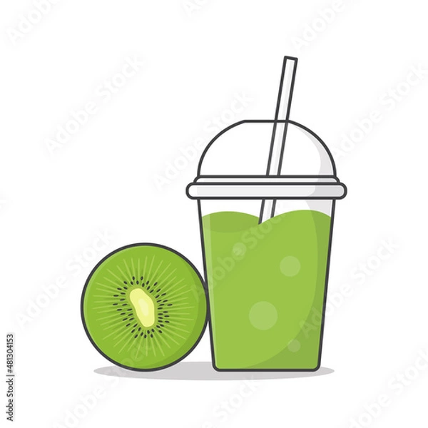 Fototapeta Kiwi Fruit Juice Or Milkshake In Takeaway Plastic Cup Vector Icon Illustration. Cold Drinks In Plastic Cups With Ice Flat Icon
