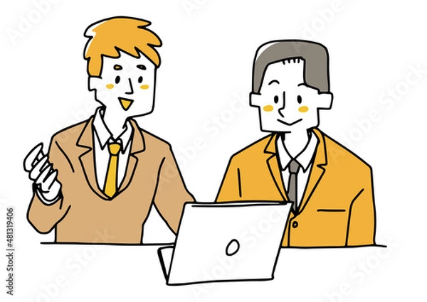 Fototapeta パソコンを一緒に見ながら説明する男性（聞き手　若い男性）　温かみのある手書きの人物　