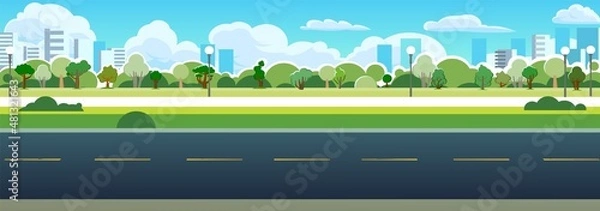Fototapeta Good asphalt road. Park city area. Side view. Quality modern empty highway. Suburban intercity pathway. Background illustration. Vector