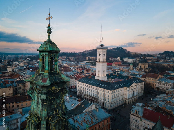 Obraz aerial view of lviv city center on sunset
