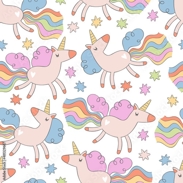 Fototapeta Cute cartoon unicorns. Rainbow and stars. Seamless vector pattern (background). Magic print.
