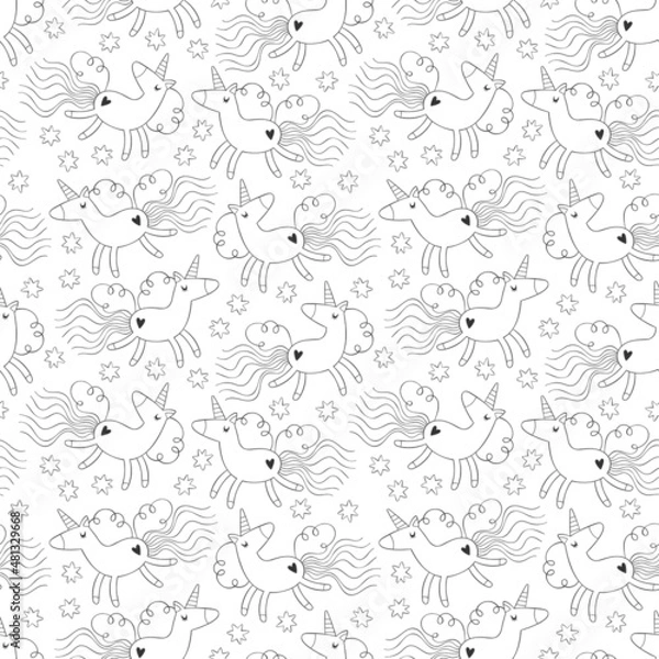 Fototapeta Cute cartoon unicorns. Rainbow and stars. Seamless vector pattern (background). Magic print.