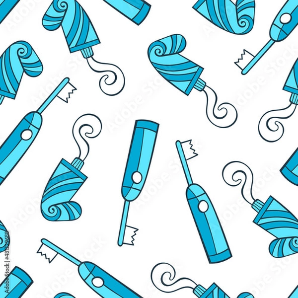 Fototapeta Toothpaste and electric toothbrush. Seamless vector pattern (background). Cartoon print.