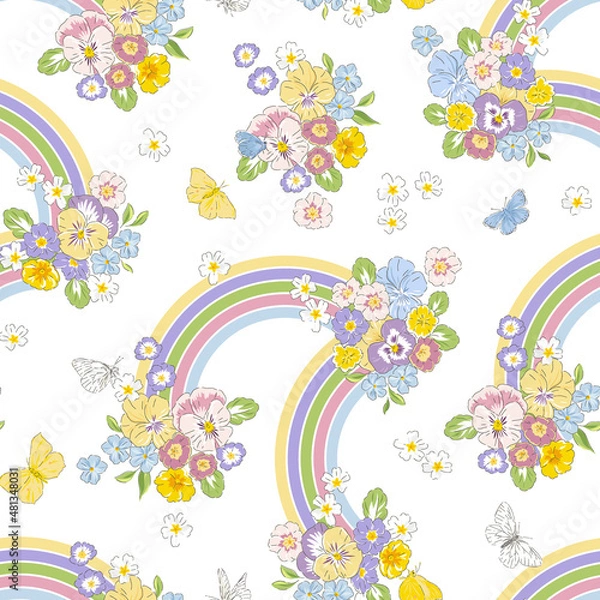 Fototapeta Variety Spring Garden flower Butterfly and rainbow hand drawn vector seamless pattern. Vintage Romantic Liberty inspired Petite floral ditsy groovy print. Bloomy calico background for fashion fabric 