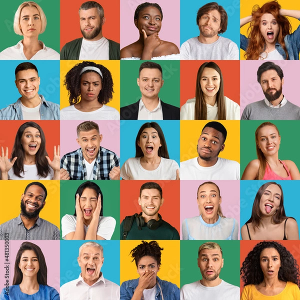 Fototapeta Collage of multiracial people expressing different emotions on bright backgrounds. Diverse society concept