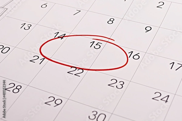 Fototapeta Focus on number 15 in calendar and empty red circle for design in your ideas and work concept