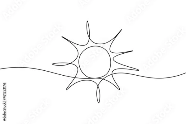 Obraz Continuous line sun art. Single line sketch sunny summer travel concept. Icon hot bright sky weather happy holiday vacation element vector illustration