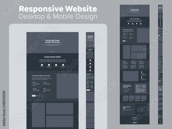 Fototapeta Design website dark mode. Desktop and mobile wireframe. Landing page template.