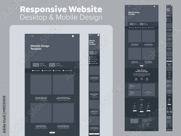Fototapeta Design website dark mode. Desktop and mobile wireframe. Landing page template.