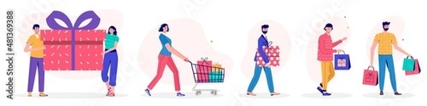 Fototapeta Banner with people with people holding shopping bag for a great Christmas sale. Men and women are buying gifts. Vector illustration in cartoon trendy style.vector for advertisement, coupon or voucher