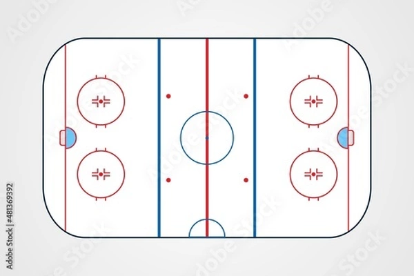 Fototapeta Vector illustration of ice hockey rink. Top view of indoor ice rink. Professional hockey background design with circles, lines and net. Active winter recreation arena