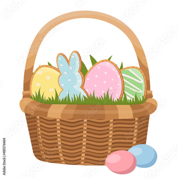 Fototapeta Easter gingerbread cookies in basket. Eggs and rabbits. Easter tradition. Vector illustration. 