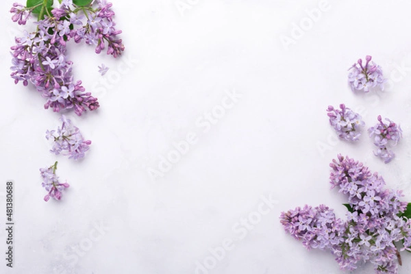Obraz Flowers composition. Frame made of lilac flowers on stone background. Mothers day, womens day concept. Flat lay, top view