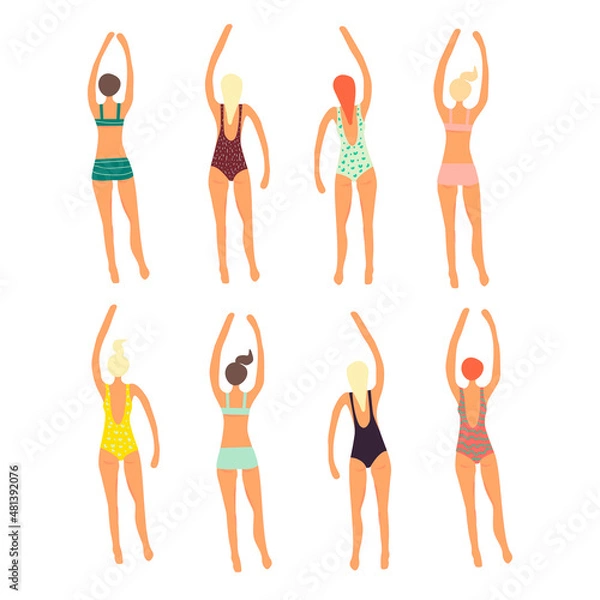 Fototapeta Set of different swimming women. Retro style. Hand drawn. Vector illustration.