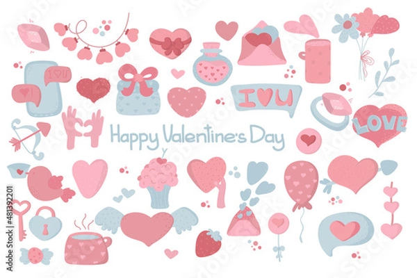 Fototapeta St. Valentine's Day collection of cute elements.. Love clipart. Many various romantic objects. hand drawn elements about love. Valentine's day collection of cute elements