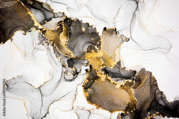 Obraz Luxury abstract fluid art painting in alcohol ink technique, mixture of black, gray and gold paints. Imitation of marble stone cut, glowing golden veins. Tender and dreamy design.